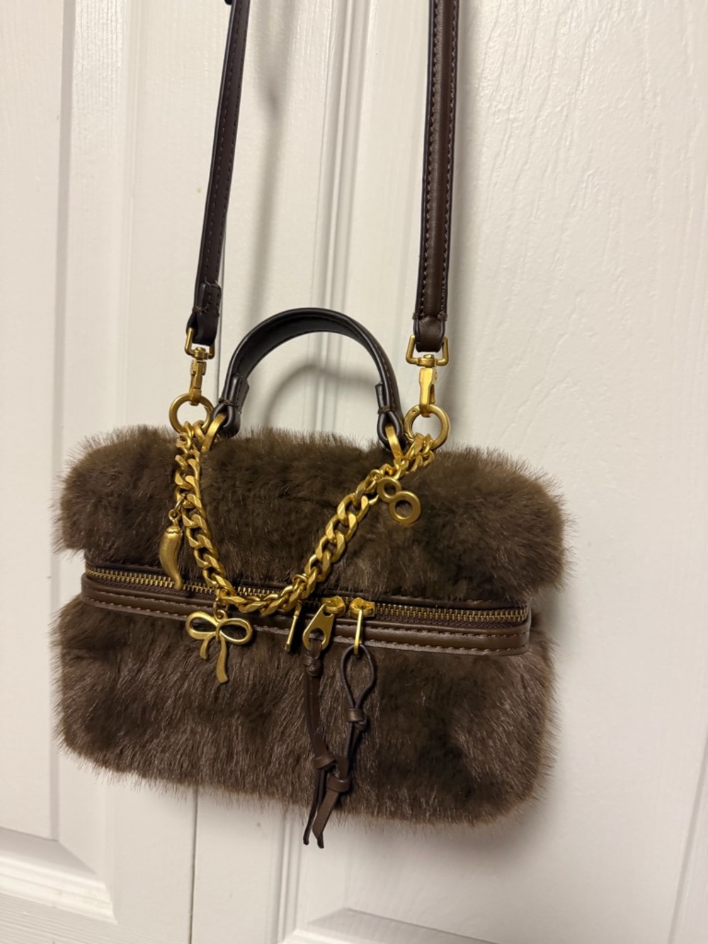 Zara Brown Faux Fur Crossbody Bag with Gold Chain